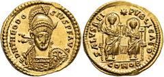 Roman Imperial Theodosius II, 402-450. Solidus (Gold, 21 mm, 4.45 g, 6 h), Constantinopolis, 425-430. D N THEODO-SIVS P F AVG Helmeted, pearl-diademed and cuirassed bust of Theodosius II facing, his h