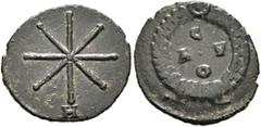 The Ramskold Collection, Part I Commemorative Series, 317-320 (?). AE (Bronze, 16 mm, 1.03 g), Thessalonica (?). Eight-rayed star; below, H. Rev. C / A V / O within laurel wreath terminating in centra