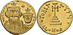 Byzantine Constans II, with Constantine IV, 641-668. Solidus (Gold, 19 mm, 4.54 g, 6 h), Constantinopolis, circa 654-659. δ N CONSTANTINЧS C CONSTNA Crowned and draped bust of Constans II facing, with