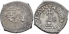 Byzantine Constans II, with Constantine IV, 641-668. Hexagram (Silver, 22 mm, 5.09 g, 5 h), Constantinopolis, 654-659. δ N CONSTANTINЧS C CONSTA' On the left, crowned and draped bust of Constans facin