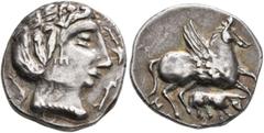 Celtic IBERIA, Gaulish-Iberian Imitations. Late 3rd to 2nd century BC. Drachm (Silver, 18 mm, 4.70 g, 2 h), imitating Iltirtasalir (Lérida/Lleida) or Emporion (Ampurias). Head of Arethousa to right, w