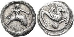Greek CALABRIA. Tarentum. Circa 500-490 BC. Didrachm or Nomos (Silver, 21 mm, 8.12 g, 6 h). ΤΑRΑΣ Youthful oikist, nude and with long hair, riding dolphin to right, holding octopus in his right hand a