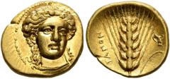 Greek LUCANIA. Metapontion. Time of Kleonymos (?), circa 302 BC. Tetrobol or Third Stater (Gold, 14 mm, 2.61 g, 6 h), Achaian standard. Head of Nike facing slightly to right, her hair bound in ampyx, 