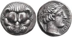 Greek BRUTTIUM. Rhegion. Circa 415/0-387 BC. Tetradrachm (Silver, 24 mm, 17.00 g, 3 h). Facing head of a lion. Rev. ΡHΓINON Head of Apollo to right, wearing laurel wreath; behind, olive sprig. Herzfel