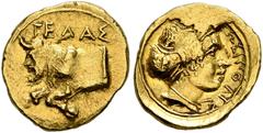 Greek SICILY. Gela. Circa 406-405 BC. 1 1/3 Litra or Tetradrachm (Gold, 11 mm, 1.15 g, 3 h). ΓEΛAΣ Forepart of the river-god Gelas, in the form of a man-headed bull, to left. Rev. ΣΩΣIΠΟΛIΣ Head of So