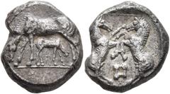Greek THRACO-MACEDONIAN REGION. Uncertain. Circa 5th century BC. Stater (Silver, 22 mm, 10.50 g, 6 h). Mare grazing to left; below, her foal grazing to right. Rev. Two stallions fighting with each oth