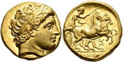 Greek KINGS OF MACEDON. Philip II, 359-336 BC. Stater (Gold, 17 mm, 8.59 g, 1 h), Teos, struck under Philip III, 323-319. Laureate head of Apollo to right. Rev. ΦΙΛΙΠΠOY Charioteer driving biga to rig