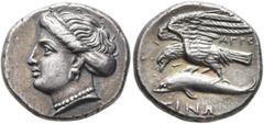 Greek PAPHLAGONIA. Sinope. Circa 330-300 BC. Drachm (Silver, 18 mm, 5.07 g, 6 h), reduced standard, Agreo..., magistrate. Head of the nymph Sinope to left, her hair bound in a sakkos, wearing triple-p