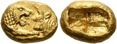 Greek KINGS OF LYDIA. Kroisos, circa 560-546 BC. 1/3 Stater (Gold, 10 mm, 2.69 g), light standard, Sardes. Confronted foreparts of a lion and a bull. Rev. Two incuse squares, one larger than the other