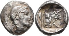 Greek DYNASTS OF LYCIA. Kherei, circa 440/30-410 BC. Stater (Silver, 21 mm, 8.52 g, 6 h), Xanthos (?). Head of Athena to right, wearing crested Attic helmet decorated with three olive leaves and palme