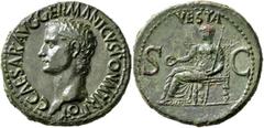 The Aes Augustorum Collection Gaius (Caligula), 37-41. As (Copper, 29 mm, 10.97 g, 6 h), Rome, 37-38. C•CAESAR•AVG•GERMANICVS•PON•M•TR•POT Bare head of Gaius to left. Rev. VESTA / S - C Vesta, veiled,