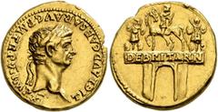 Roman Imperial Claudius, 41-54. Aureus (Gold, 19 mm, 7.81 g, 11 h), Lugdunum, 46-47. TI CLAVD CAESAR AVG•P M•TR•P•VI IMP•XI Laureate head of Claudius to right. Rev. Triumphal arch surmounted by equest