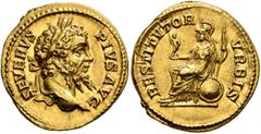 Roman Imperial Septimius Severus, 193-211. Aureus (Gold, 20 mm, 7.05 g, 6 h), Rome, 206-early 208. SEVERVS PIVS AVG Laureate head of Septimius Severus to right. Rev. RESTITVTOR VRBIS Roma seated left 