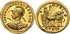 Roman Imperial Probus, 276-282. Aureus (Gold, 20 mm, 7.00 g, 6 h), Siscia, early 279. IMP C M AVR PROBVS P F AVG Laureate, helmeted and cuirassed bust of Probus to left, seen from behind, holding spea