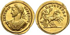 Roman Imperial Probus, 276-282. Aureus (Gold, 21 mm, 6.73 g, 6 h), Rome, end of 281. IMP PROB-VS P F AVG Laureate and cuirassed bust of Probus to left, holding spear over his far shoulder in his right
