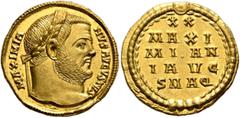 Roman Imperial Maximianus, first reign, 286-305. Aureus (Gold, 19 mm, 5.22 g, 6 h), Aquileia, 303. MAXIMIANVS - AVGVSTVS Laureate head of Maximianus to right. Rev. XX / MAXI/MIAN/I AVG / SMAQ within l