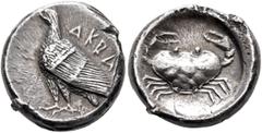 Greek SICILY. Akragas. Circa 488/85-480/78 BC. Didrachm (Silver, 20 mm, 8.43 g, 10 h). AKPA Eagle standing left with closed wings. Rev. Crab within shallow circular incuse. HGC 2, 94. Westermark Group