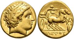 Greek KINGS OF MACEDON. Philip II, 359-336 BC. Stater (Gold, 17 mm, 8.56 g, 12 h), Pella, struck under Philip II or Alexander III, circa 340-328. Laureate head of Apollo to right. Rev. ΦΙΛΙΠΠOY Chario