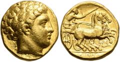 Greek KINGS OF MACEDON. Philip II, 359-336 BC. Stater (Gold, 17 mm, 8.63 g, 6 h), Amphipolis, struck under Philip II or Alexander III, circa 340-328. Laureate head of Apollo to right. Rev. [ΦΙ]ΛΙΠΠO[Y