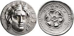 Greek ISLANDS OFF CARIA, Rhodos. Rhodes. Circa 88/42 BC-AD 14. Drachm (Silver, 22 mm, 4.30 g, 11 h), Mnemon, magisrate. Radiate head of Helios facing slightly to right. Rev. ΜΝΗΜΩΝ / Ρ-Ο Rose, seen fr