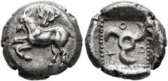 Greek DYNASTS OF LYCIA. Kuprilli, circa 470/60-440/35 BC. Diobol (Silver, 10 mm, 1.56 g). Goat jumping left; above, facing head of a panther; all on a raised disc. Rev. 𐊋𐊒𐊓 ('kop' in Lycian) Triske
