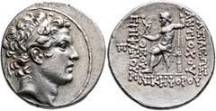 Greek SELEUKID KINGS OF SYRIA. Antiochos IV Epiphanes, 175-164 BC. Tetradrachm (Silver, 31 mm, 16.72 g, 12 h), Antiochia on the Orontes, circa 168-164. Diademed head of Antiochos IV to right. Rev. BAΣ