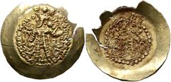 Central Asian KUSHANO-SASANIANS. Bahram III (Kidara), circa 350-?. Dinar (Electrum, 35 mm, 6.74 g), struck by Kidara in the name of Bahram III, Balkh. 'BAΓO OAPAYPANO O-OOZOPKO KOÞANO ÞAYO ('His Majes