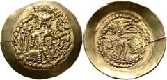 Central Asian KUSHANO-SASANIANS. Bahram III (Kidara), circa 350-?. Dinar (Electrum, 33 mm, 7.36 g), struck by Kidara in the name of Bahram III, Balkh. 'BAΓO OAPAYPANO O-OOZOPKO KOÞANO ÞAYO ('His Majes