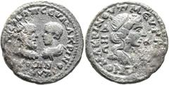 Roman Provincial CILICIA. Aegeae. Macrinus, with Diadumenian as Caesar, 217-218. Triassarion (Bronze, 26 mm, 10.73 g, 12 h), CY 264 = 217/8. [AYT] K M ΟΠ CЄY MAKPINOC K AN[TΩ]/NINOC Radiate, draped an