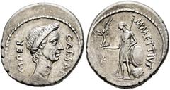 Roman Republican & Imperatorial Julius Caesar, 49-44 BC. Denarius (Silver, 19 mm, 4.00 g, 11 h), with M. Mettius, Rome, late March-April 44 BC. CAESAR IMPER Wreathed head of Julius Caesar to right. Re