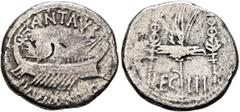 Roman Republican & Imperatorial Mark Antony, 44-30 BC. Denarius (Silver, 17 mm, 2.91 g, 6 h), military mint moving with Mark Antony (Patrae?), 32-31 BC. ANT•AVG - III VIR•R•P•C Galley right, with scep