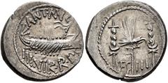 Roman Republican & Imperatorial Mark Antony, 44-30 BC. Denarius (Silver, 18 mm, 3.95 g, 7 h), military mint moving with Mark Antony (Patrae?), 32-31 BC. ANT•AVG - III VIR•R•P•C Galley right, with scep