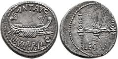 Roman Republican & Imperatorial Mark Antony, 44-30 BC. Denarius (Silver, 18 mm, 3.68 g, 6 h), military mint moving with Mark Antony (Patrae?), 32-31 BC. ANT•AVG III VIR R•P•C alley right, with scepter