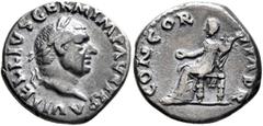 Roman Imperial Vitellius, 69. Denarius (Silver, 20 mm, 3.24 g, 6 h), Rome, late April-20 December 69. A VITELLIVS GERMAN IMP AVG TR P Laureate head of Vitellius to right. Rev. CONCORDIA P R Concordia 