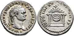 Roman Imperial Titus, 79-81. Denarius (Silver, 17 mm, 3.59 g, 6 h), Rome, 80. IMP•TITVS CAES VESPASIAN AVG P M• Laureate head of Titus to right. Rev. TR P IX IMP XV COS VIII P P Pulvinar of Jupiter an