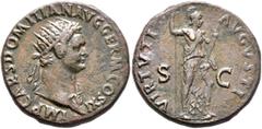Roman Imperial Domitian, 81-96. Dupondius (Orichalcum, 27 mm, 12.62 g, 6 h), Rome, 85. IMP CAES DOMITIAN AVG GERM COS XI Radiate head of Domitian to right, wearing aegis on his right shoulder. Rev. VI