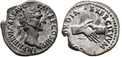 Roman Imperial Nerva, 96-98. Denarius (Silver, 19 mm, 3.23 g, 7 h), Rome, 96. IMP NERVA CAES AVG P M TR P COS II P P Laureate head of Nerva to right. Rev. CON[C]ORDIA EXERCITVVM Clasped right hands. B