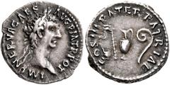 Roman Imperial Nerva, 96-98. Denarius (Silver, 18 mm, 3.51 g, 7 h), Rome, 97. IMP NERVA CAES AVG P M TR POT Laureate head of Nerva to right. Rev. COS III PATER PATRIAE Priestly emblems: simpulum, aspe