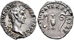 Roman Imperial Nerva, 96-98. Denarius (Silver, 18 mm, 3.34 g, 6 h), Rome, 97. IMP NERVA CAES AVG P M TR POT Laureate head of Nerva to right. Rev. COS III PATER PATRIAE Priestly emblems: simpulum, aspe