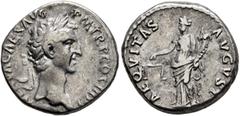 Roman Imperial Nerva, 96-98. Denarius (Silver, 17 mm, 3.68 g, 6 h), Rome, 97. IMP NERVA CAES AVG P M TR P COS III P P Laureate head of Nerva to right. Rev. AEQVITAS AVGVST Aequitas standing front, hea