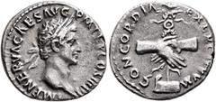 Roman Imperial Nerva, 96-98. Denarius (Silver, 18 mm, 3.34 g, 6 h), Rome, 97. IMP NERVA CAES AVG P M TR P COS III P P Laureate head of Nerva to right. Rev. CONCORDIA EXERCITVVM Clasped right hands hol