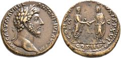 Roman Imperial Marcus Aurelius, 161-180. Sestertius (Orichalcum, 31 mm, 23.86 g, 12 h), Rome, 161-162. IMP CAES M AVREL ANTONINVS AVG P M Laureate head of Marcus Aurelius to right. Rev. CONCORD AVGVST
