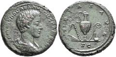 Roman Imperial Commodus, as Caesar, 166-177. As (Copper, 26 mm, 13.42 g, 6 h), Rome, 175-176. COMMODO CAES AVG FIL GERM SARM Bare-headed and draped bust of Commodus to right, seen from behind. Rev. PI