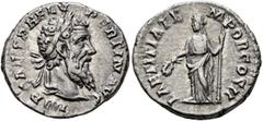 Roman Imperial Pertinax, 193. Denarius (Silver, 18 mm, 3.39 g, 12 h), Rome. IMP CAES P HELV PERTIN AVG Laureate head of Pertinax to right. Rev. LAETITIA TEMPOR COS II Laetitia standing front, head to 