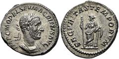 Roman Imperial Macrinus, 217-218. Denarius (Silver, 19 mm, 3.28 g, 1 h), Rome, summer 217-early 218. IMP C M OPEL SEV MACRINVS AVG Laureate and cuirassed bust of Macrinus to right. Rev. SECVRITAS TEMP