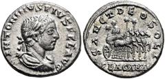 Roman Imperial Elagabalus, 218-222. Denarius (Silver, 18 mm, 2.91 g, 12 h), Antiochia, 218-219. ANTONINVS PIVS FEL AVG Laureate, draped and cuirassed bust of Elagabalus to right, seen from behind. Rev