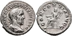 Roman Imperial Pupienus, 238. Denarius (Silver, 21 mm, 2.90 g, 7 h), Rome, circa April-June 238. IMP C M CLOD PVPIENVS AVG Laureate, draped and cuirassed bust of Pupienus to right, seen from behind. R