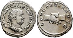 Roman Imperial Balbinus, 238. Antoninianus (Silver, 22 mm, 5.17 g, 5 h), Rome, April-June 238. IMP CAES D CAEL BALBINVS AVG Radiate, draped and cuirassed bust of Balbinus to right. Rev. CONCORDIA AVGG