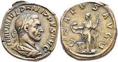 Roman Imperial Philip I, 244-249. Sestertius (Orichalcum, 31 mm, 19.83 g, 12 h), Rome. IMP M IVL PHILIPPVS AVG Laureate, draped and cuirassed bust of Philip I to right, seen from behind. Rev. SALVS AV