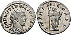 Roman Imperial Philip II, 247-249. Antoninianus (Silver, 22 mm, 3.91 g, 6 h), Antiochia, 247. IMP M IVL PHILIPPVS AVG Radiate, draped and cuirassed bust of Philip II to right, seen from behind. Rev. P